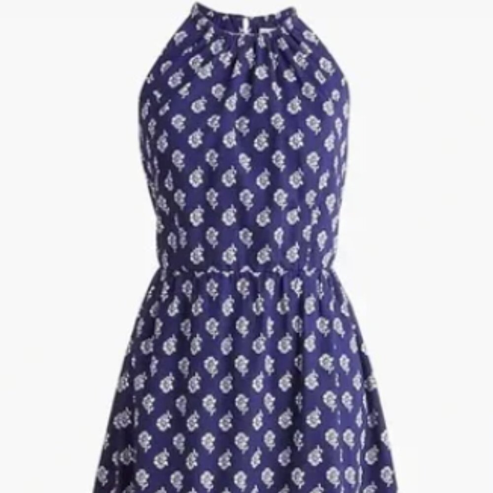 J. Crew Navy Blue Printed Halter Maxi Dress with White Motif